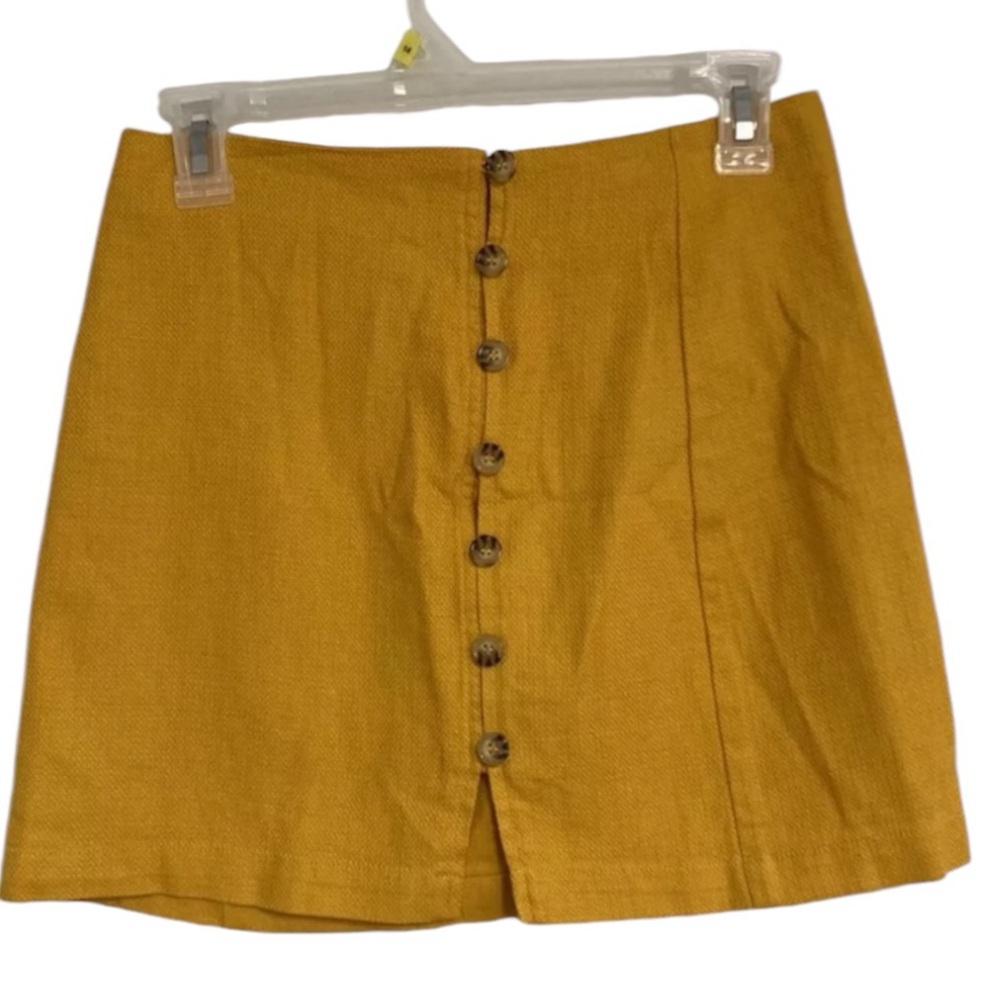 Forever 21 Mini Skirt Women Small Mustard Yellow Linen Blend Button Up Front